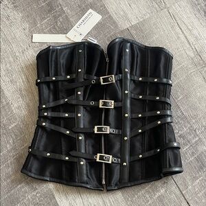Charmian Gothic Punk Satin Boned Zipper Overbust Corset Top with Buckles